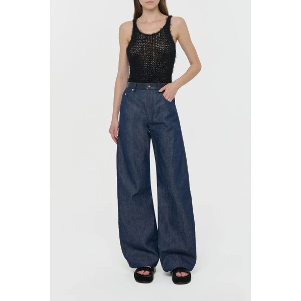 Gabriela Hearst Lucian Barrel-leg Jean in Indigo Blue Recycled Cotton Linen Denim & Textured Leather, view 5