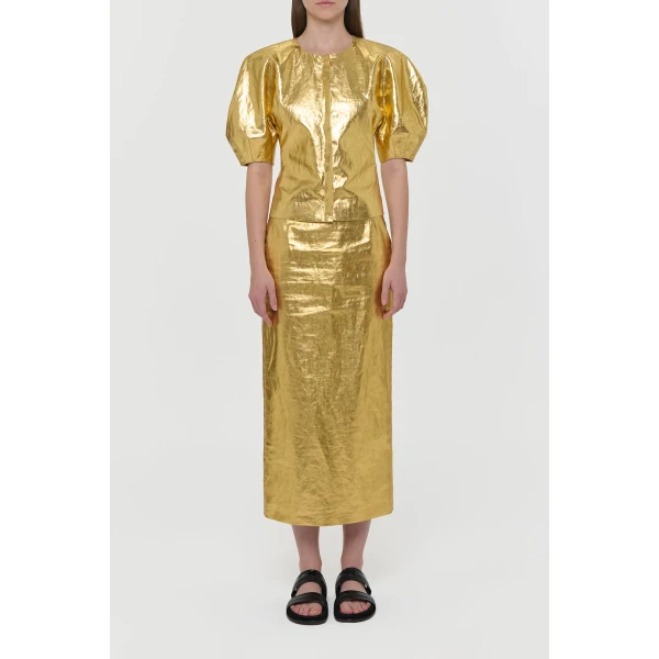 Gabriela Hearst Manuela Midi Skirt in Metallic Gold Linen Twill, view 2