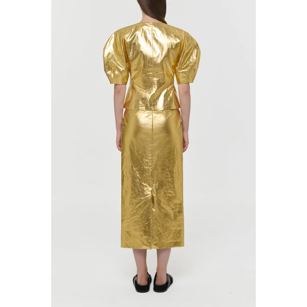 Gabriela Hearst Manuela Midi Skirt in Metallic Gold Linen Twill, view 4