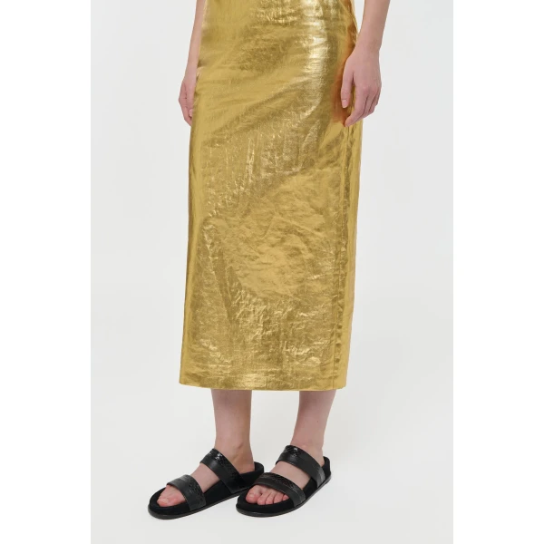 Gabriela Hearst Manuela Midi Skirt in Metallic Gold Linen Twill, view 5