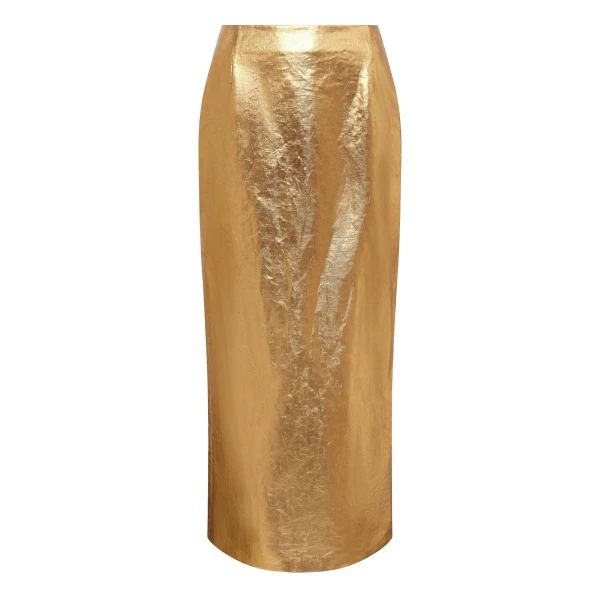 Gabriela Hearst Manuela Midi Skirt in Metallic Gold Linen Twill, view 6