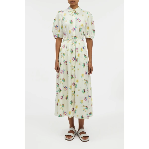 Gabriela Hearst Maude Pleated Mia’s Flowers Midi Shirtdress in Ivory Multi Printed Silk Twill Dress, view 2