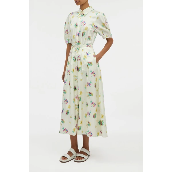 Gabriela Hearst Maude Pleated Mia’s Flowers Midi Shirtdress in Ivory Multi Printed Silk Twill Dress, view 3
