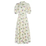 Gabriela Hearst Maude Pleated Mia’s Flowers Midi Shirtdress in Ivory Multi Printed Silk Twill Dress