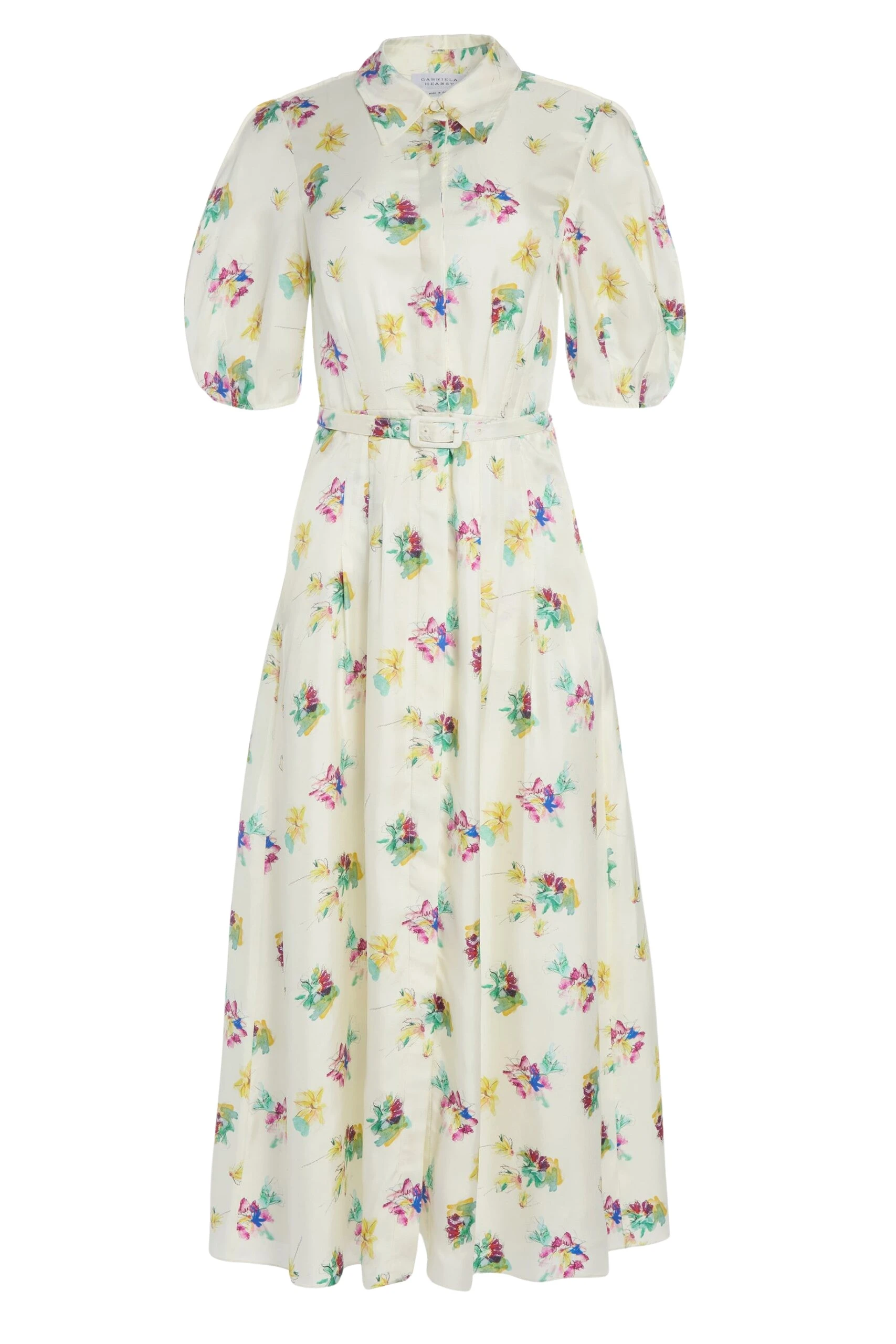 Gabriela Hearst Maude Pleated Mia’s Flowers Midi Shirtdress in Ivory Multi Printed Silk Twill Dress