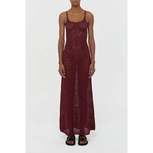 Gabriela Hearst Meridian Lace Knit Maxi Dress in Bordeaux Merino Wool with Lining, view 2