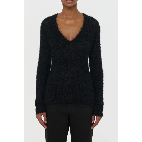 Gabriela Hearst Neoma Knit V-Neck Sweater in Black Silk Cashmere, view 2