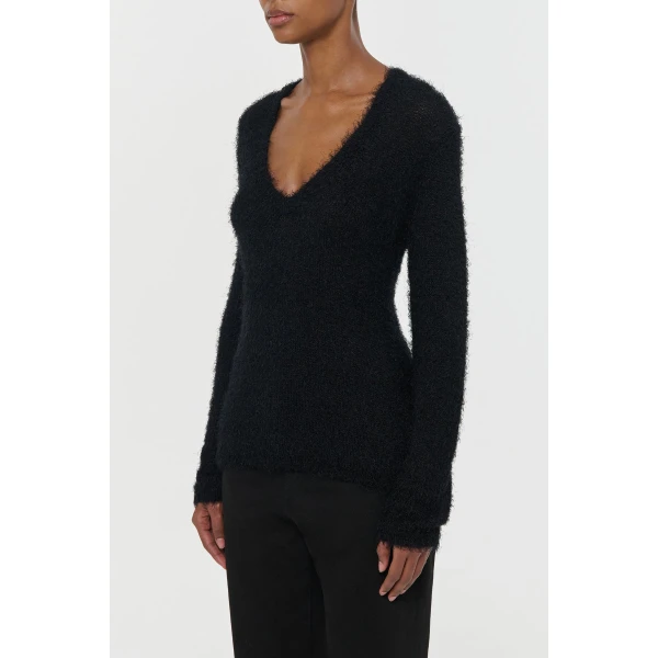 Gabriela Hearst Neoma Knit V-Neck Sweater in Black Silk Cashmere, view 3