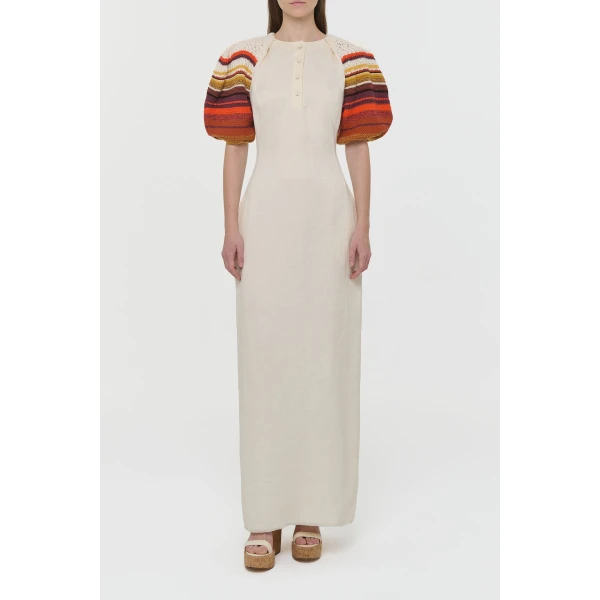 Gabriela Hearst Nomo Crochet Puff Sleeve Maxi Dress in Ivory Textured Linen Twill, view 3