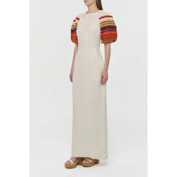 Gabriela Hearst Nomo Crochet Puff Sleeve Maxi Dress in Ivory Textured Linen Twill, view 4