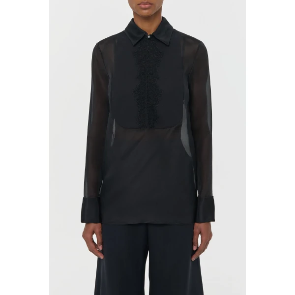 Gabriela Hearst Oriana Lace Blouse in Black Silk Organza, view 2