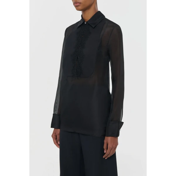 Gabriela Hearst Oriana Lace Blouse in Black Silk Organza, view 3
