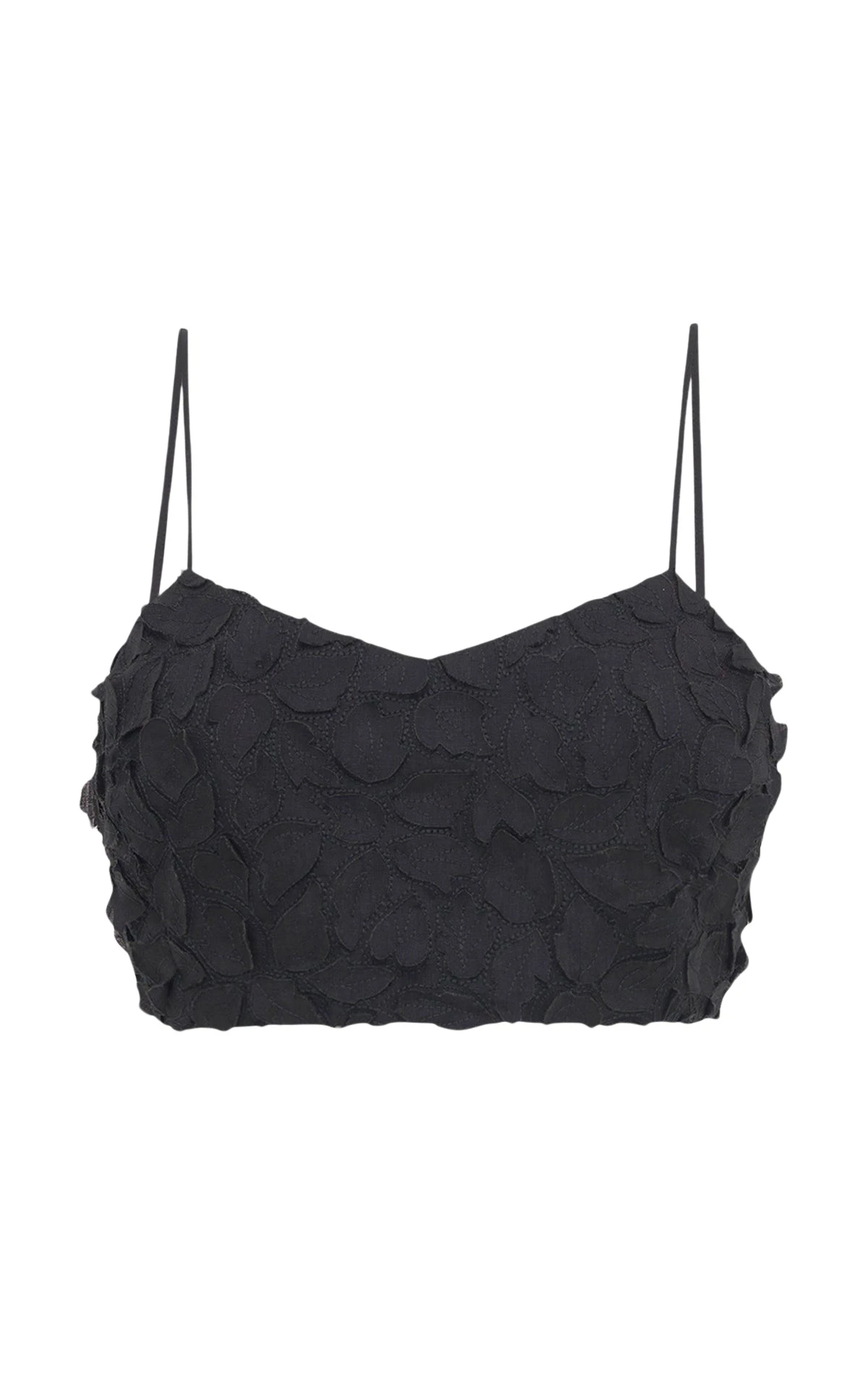 Priya Embroidered Leaves Top in Black Linen