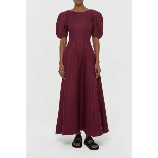 Gabriela Hearst Ranya Puff Sleeve Maxi Dress in Bordeaux Linen Twill, view 2