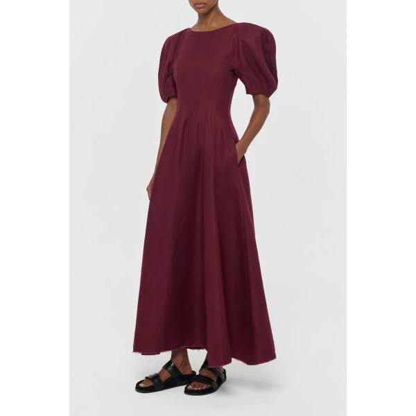 Gabriela Hearst Ranya Puff Sleeve Maxi Dress in Bordeaux Linen Twill, view 3