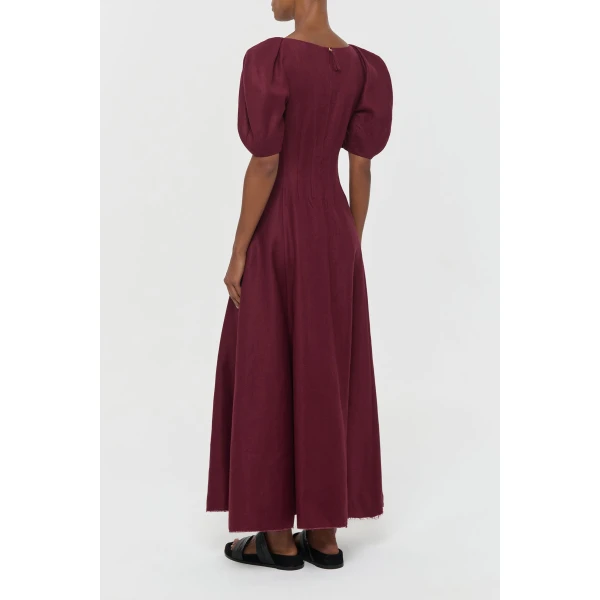 Gabriela Hearst Ranya Puff Sleeve Maxi Dress in Bordeaux Linen Twill, view 4