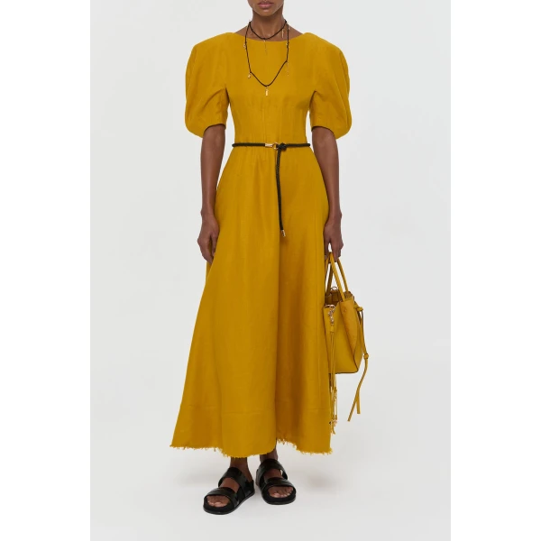Gabriela Hearst Ranya Puff Sleeve Maxi Dress in Golden Birch Linen Twill, view 4