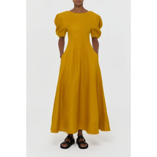 Gabriela Hearst Ranya Puff Sleeve Maxi Dress in Golden Birch Linen Twill, view 5