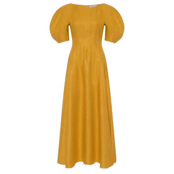 Gabriela Hearst Ranya Puff Sleeve Maxi Dress in Golden Birch Linen Twill