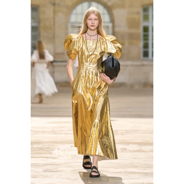Gabriela Hearst Ranya Puff Sleeve Maxi Dress in Metallic Gold Linen Twill, view 2