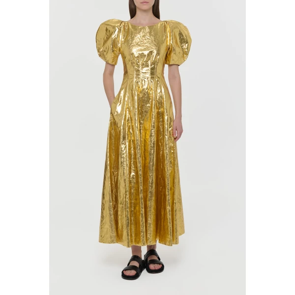 Gabriela Hearst Ranya Puff Sleeve Maxi Dress in Metallic Gold Linen Twill, view 4