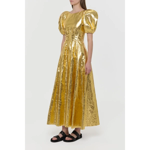 Gabriela Hearst Ranya Puff Sleeve Maxi Dress in Metallic Gold Linen Twill, view 5