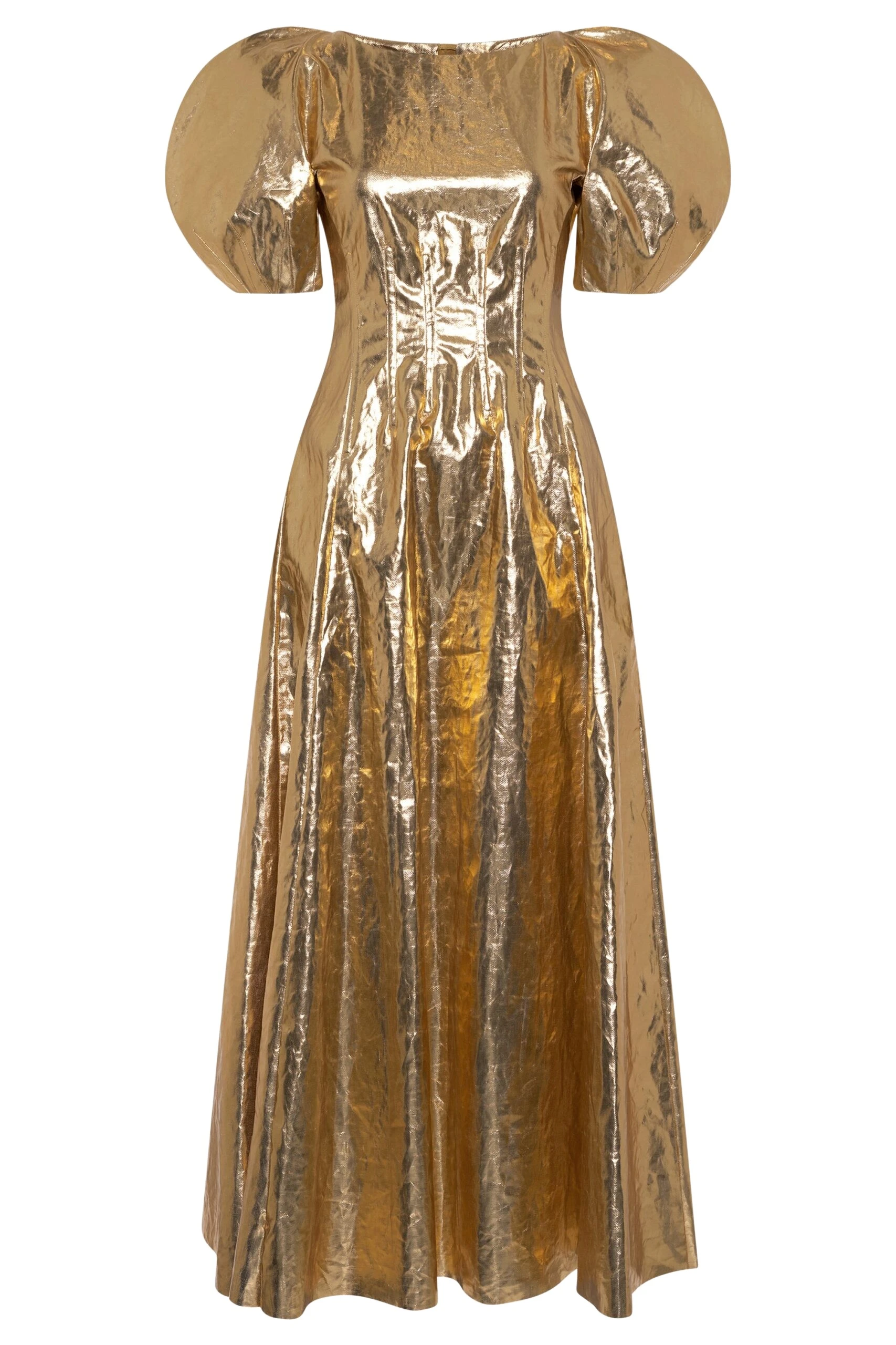 Gabriela Hearst Ranya Puff Sleeve Maxi Dress in Metallic Gold Linen Twill