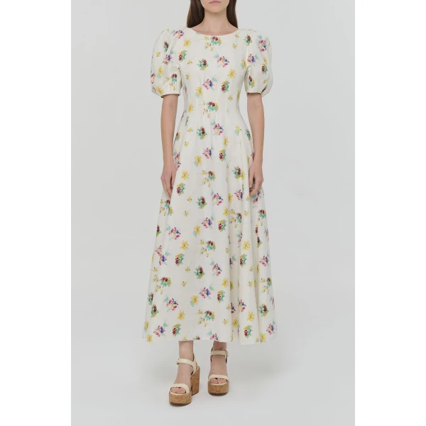 Gabriela Hearst Ranya Puff Sleeve Mia’s Flowers Maxi Dress in Ivory Multi Printed Linen Twill, view 2