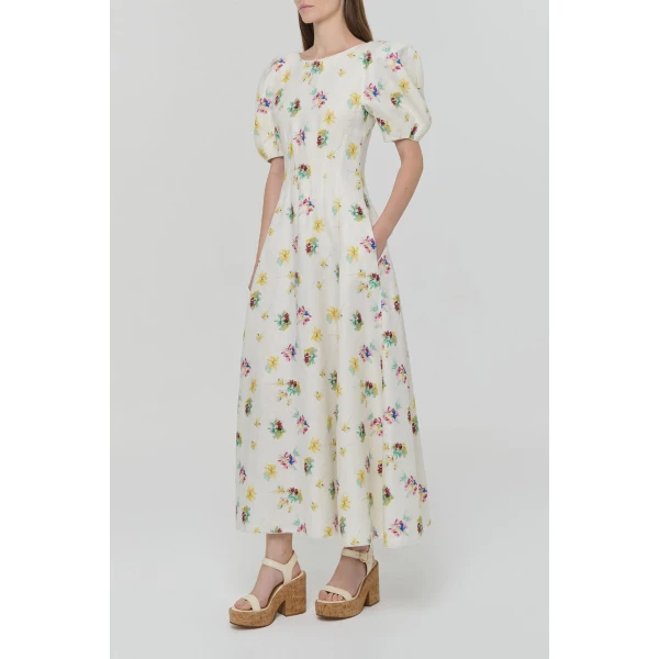 Gabriela Hearst Ranya Puff Sleeve Mia’s Flowers Maxi Dress in Ivory Multi Printed Linen Twill, view 3