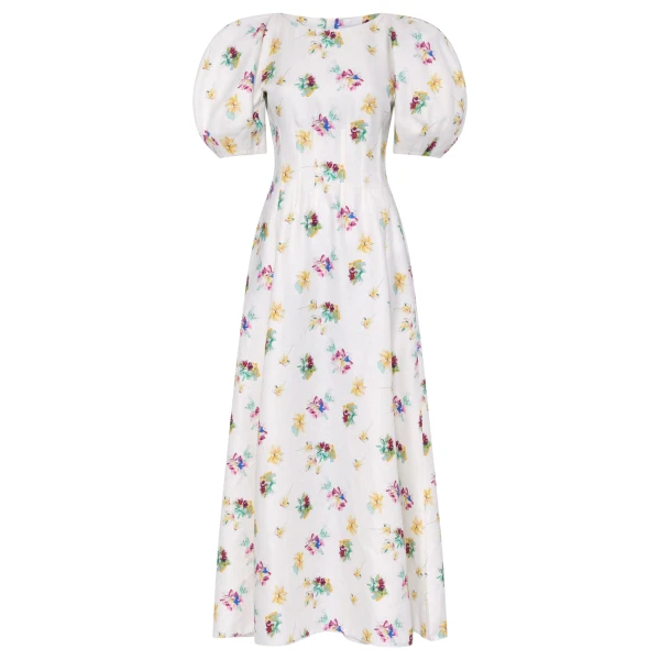 Gabriela Hearst Ranya Puff Sleeve Mia’s Flowers Maxi Dress in Ivory Multi Printed Linen Twill