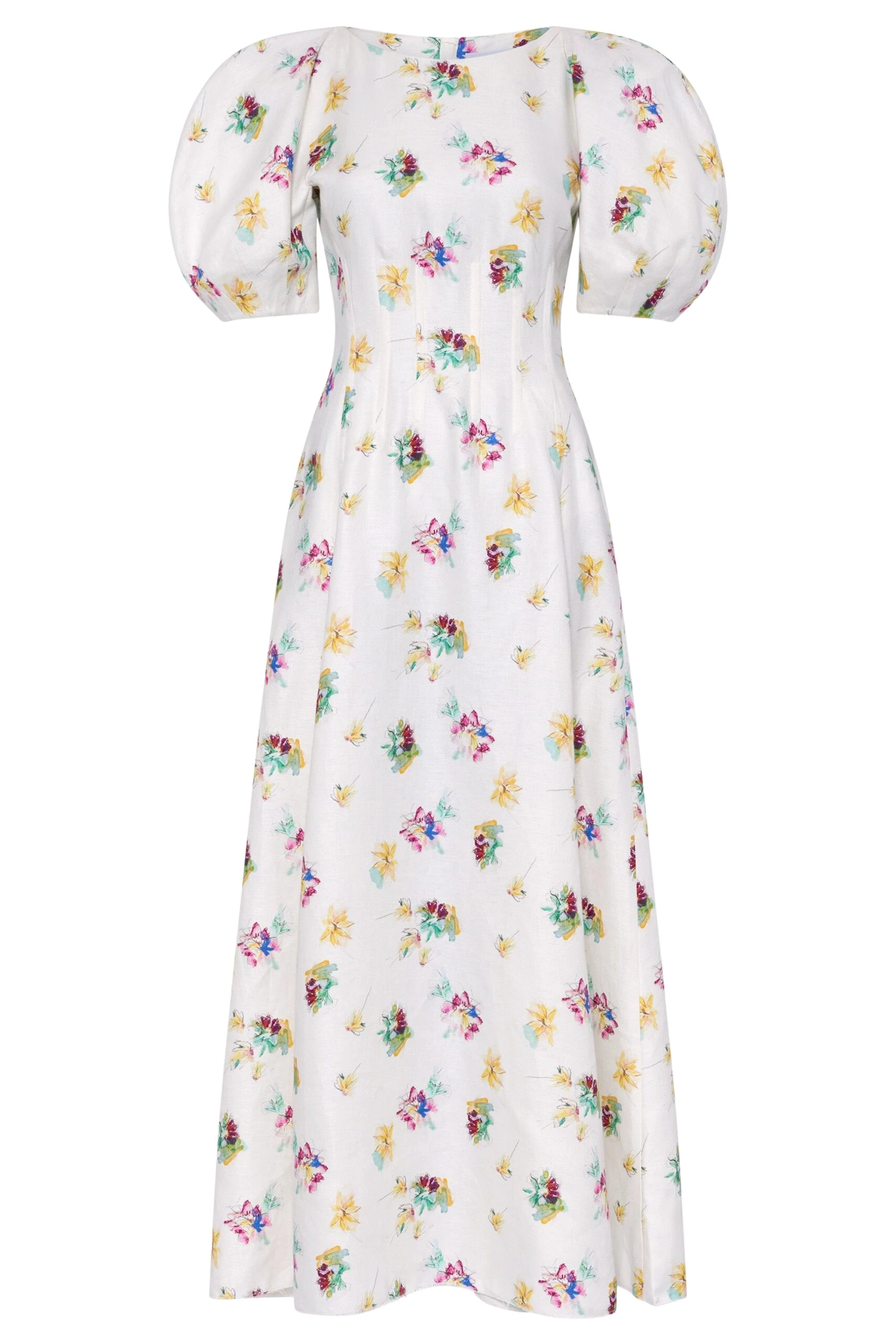 Gabriela Hearst Ranya Puff Sleeve Mia’s Flowers Maxi Dress in Ivory Multi Printed Linen Twill