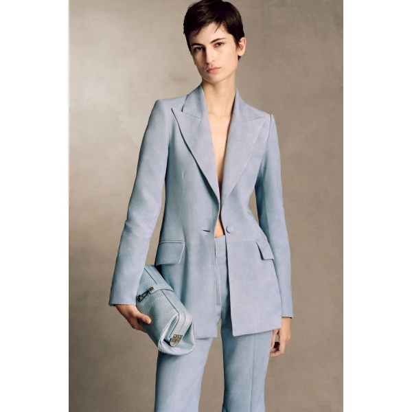 Gabriela Hearst Rhein Flare Pant in Light Blue Suede, view 2