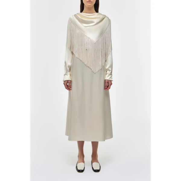 Gabriela Hearst Rouge Fringe Scarf Dress in Ivory Silk Satin, view 2