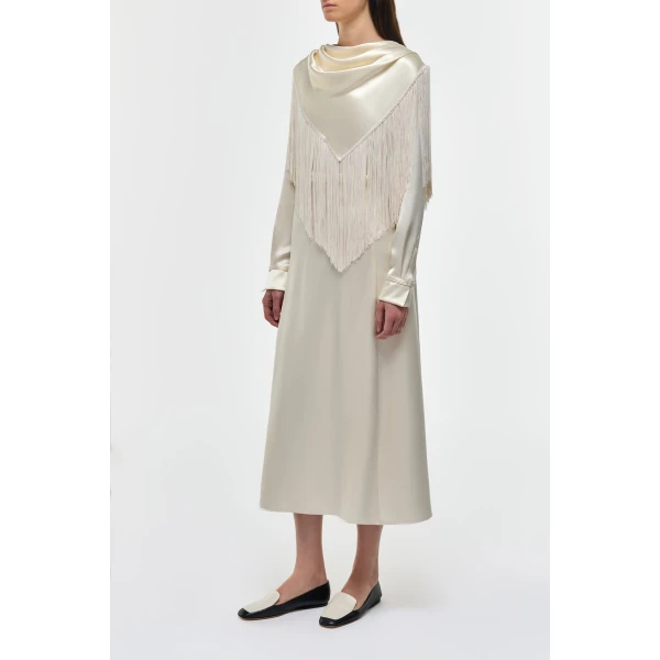 Gabriela Hearst Rouge Fringe Scarf Dress in Ivory Silk Satin, view 3