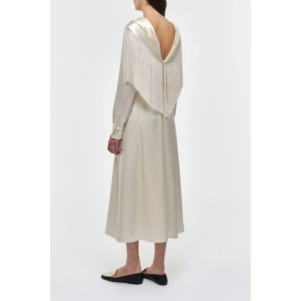 Gabriela Hearst Rouge Fringe Scarf Dress in Ivory Silk Satin, view 4