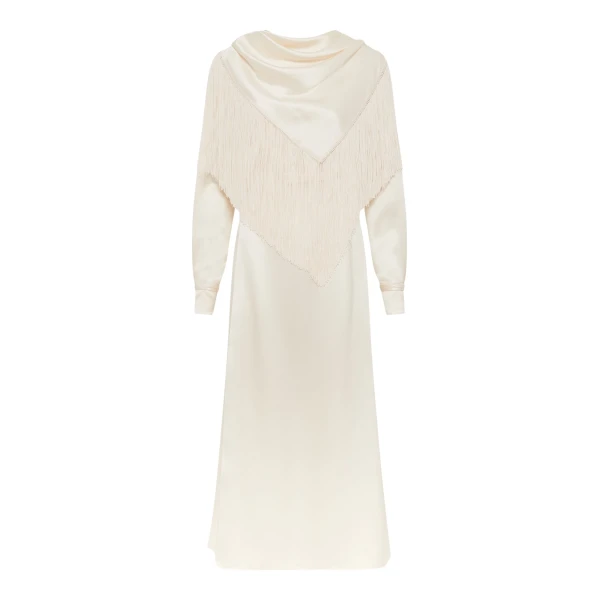 Gabriela Hearst Rouge Fringe Scarf Dress in Ivory Silk Satin