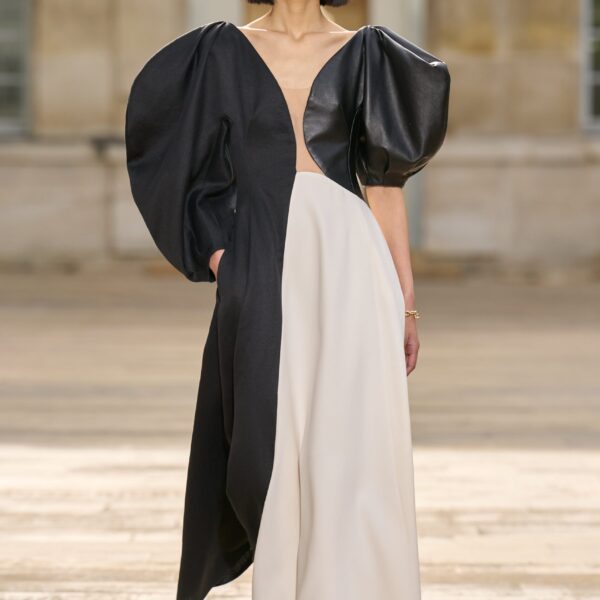 Gabriela Hearst Sephir Puff Sleeve Maxi Dress in Ivory Silk Wool Cady, Black Linen Slub & Leather, view 2