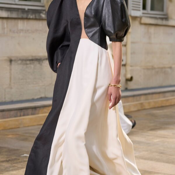 Gabriela Hearst Sephir Puff Sleeve Maxi Dress in Ivory Silk Wool Cady, Black Linen Slub & Leather, view 3