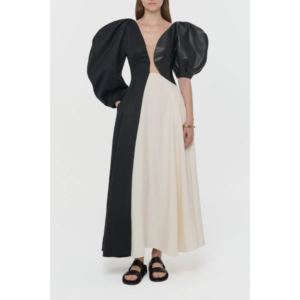 Gabriela Hearst Sephir Puff Sleeve Maxi Dress in Ivory Silk Wool Cady, Black Linen Slub & Leather, view 4