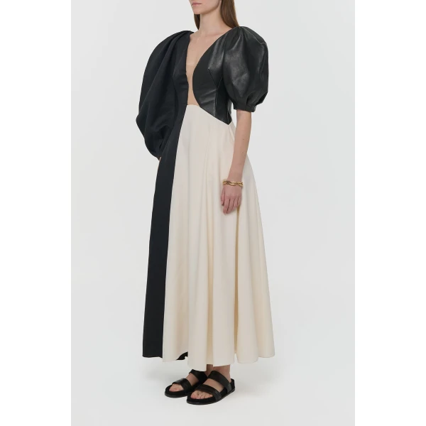 Gabriela Hearst Sephir Puff Sleeve Maxi Dress in Ivory Silk Wool Cady, Black Linen Slub & Leather, view 5