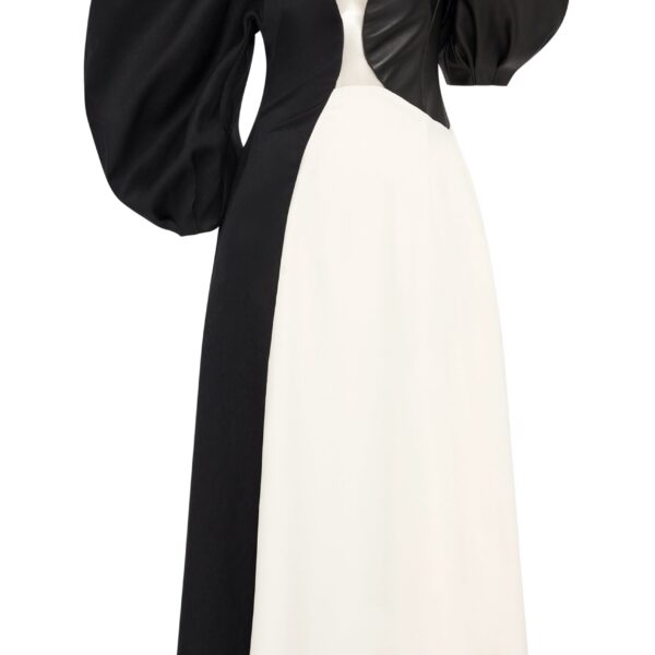 Gabriela Hearst Sephir Puff Sleeve Maxi Dress in Ivory Silk Wool Cady, Black Linen Slub & Leather, view 6