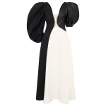 Gabriela Hearst Sephir Puff Sleeve Maxi Dress in Ivory Silk Wool Cady, Black Linen Slub & Leather