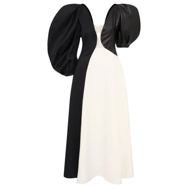Gabriela Hearst Sephir Puff Sleeve Maxi Dress in Ivory Silk Wool Cady, Black Linen Slub & Leather