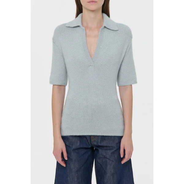 Gabriela Hearst Sohan Knit Short Sleeve Polo in Light Blue Cashmere, view 2