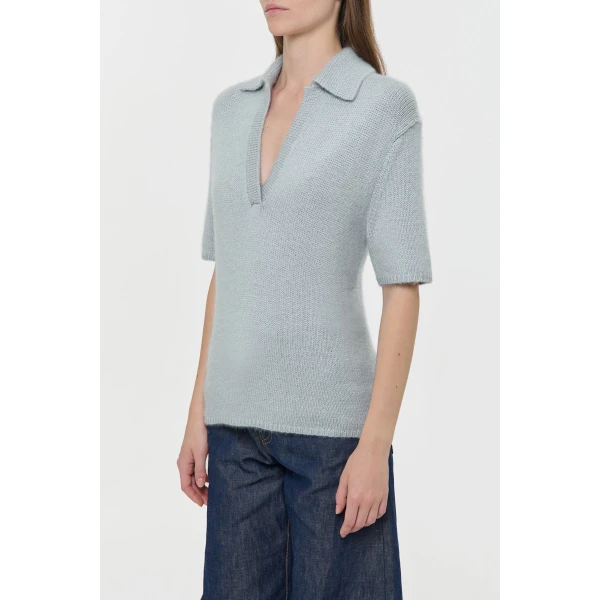 Gabriela Hearst Sohan Knit Short Sleeve Polo in Light Blue Cashmere, view 3