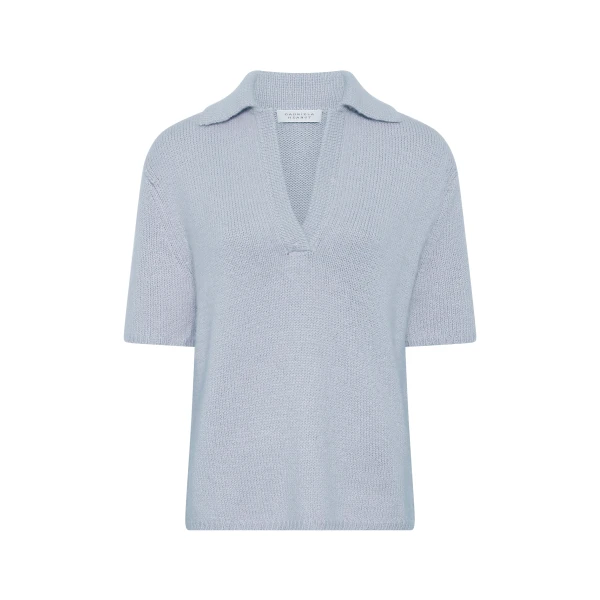 Gabriela Hearst Sohan Knit Short Sleeve Polo in Light Blue Cashmere, view 6