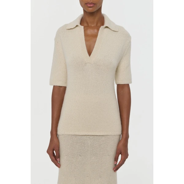 Gabriela Hearst Sohan Knit Short Sleeve Polo in Off White Cashmere, view 2