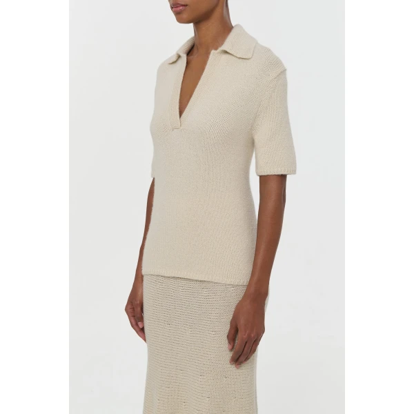 Gabriela Hearst Sohan Knit Short Sleeve Polo in Off White Cashmere, view 3
