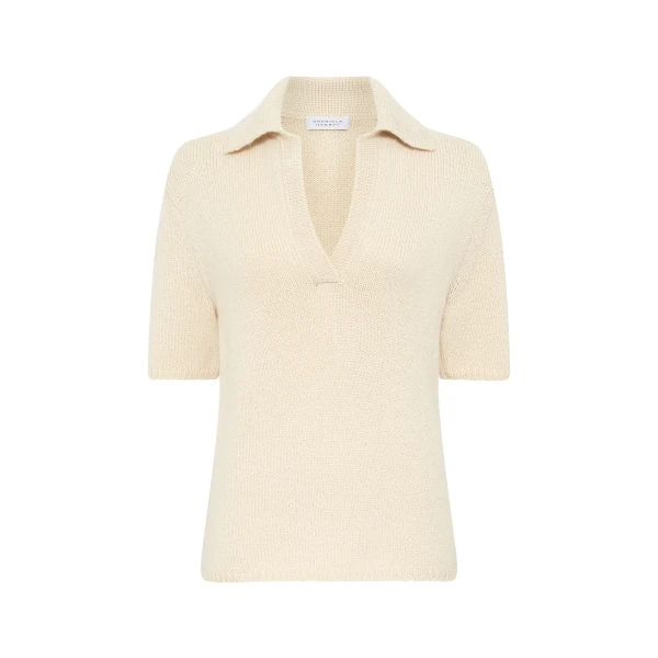 Gabriela Hearst Sohan Knit Short Sleeve Polo in Off White Cashmere, view 6