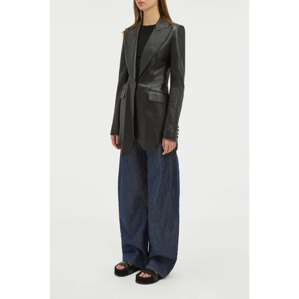 Gabriela Hearst Sybel Raw Cut Blazer in Black Soft Leather, view 3